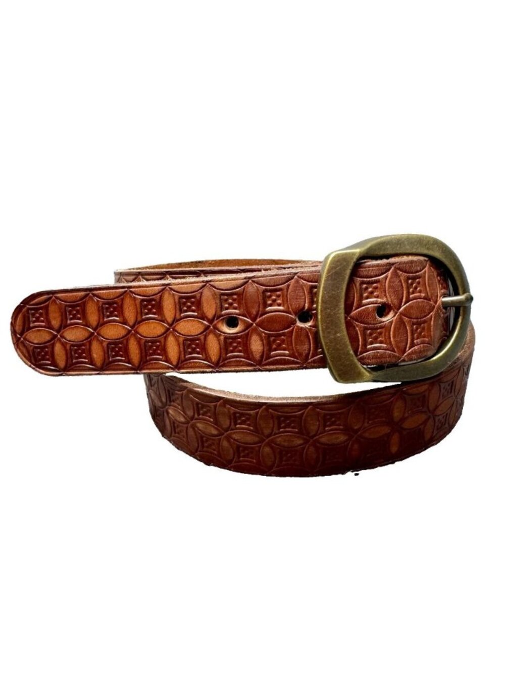 Fossil Leather Belt Womens Medium Brown Brass Buckle Embossed Geometric Pattern